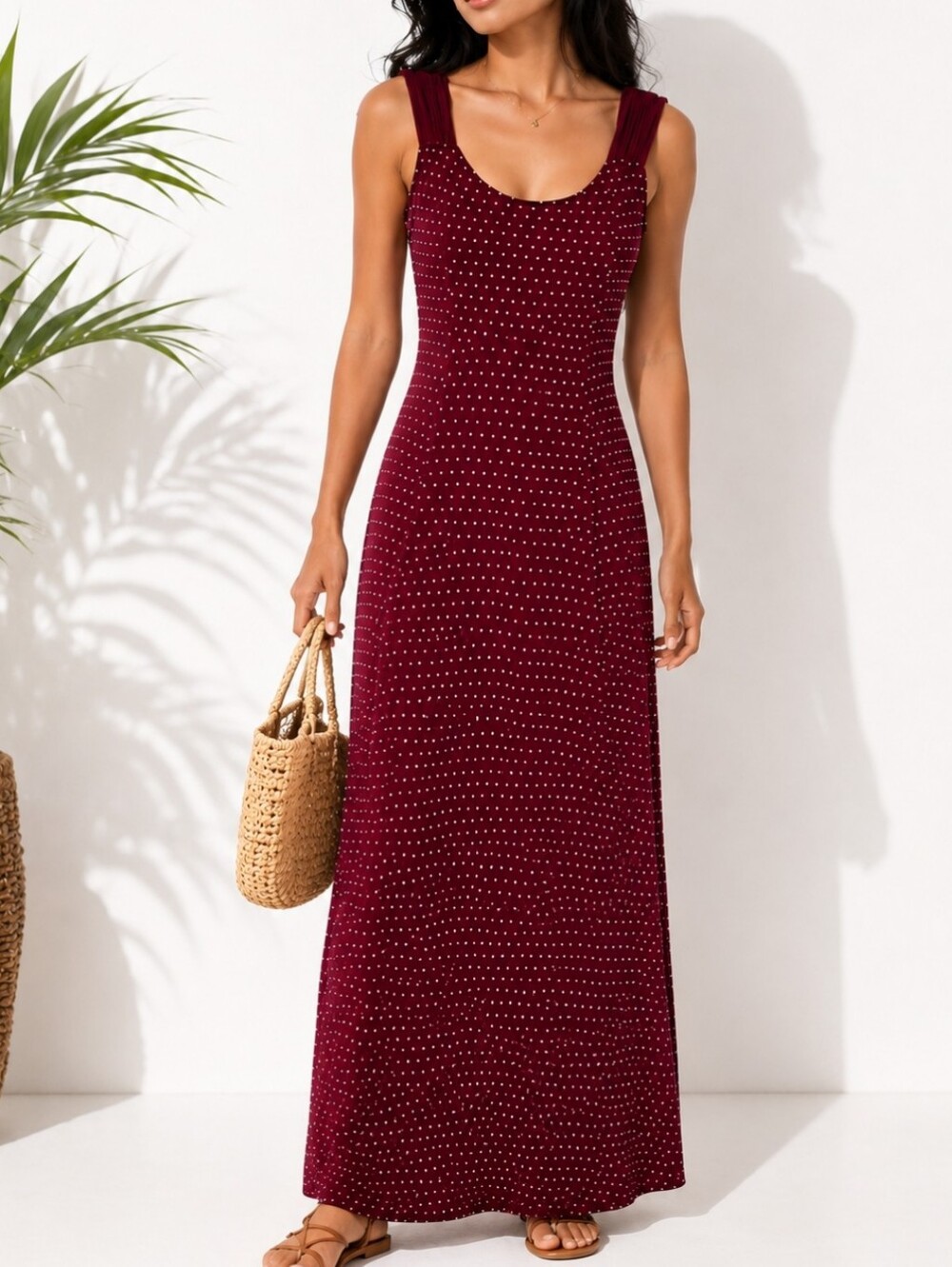 Vintage Diamond's U.S.A. Burgundy Polka Dot Maxi Dress Y2K Sleeveless StretchY M